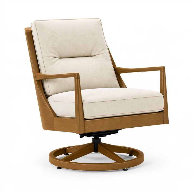 Fauteuil pivotant 76 x 82 x 100 cm en bois marron et tissu écru style contemporain