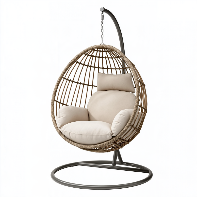 Fauteuil suspendu 110 x 110 x 195 cm en fibre tressée beige avec support en acier - style cocon