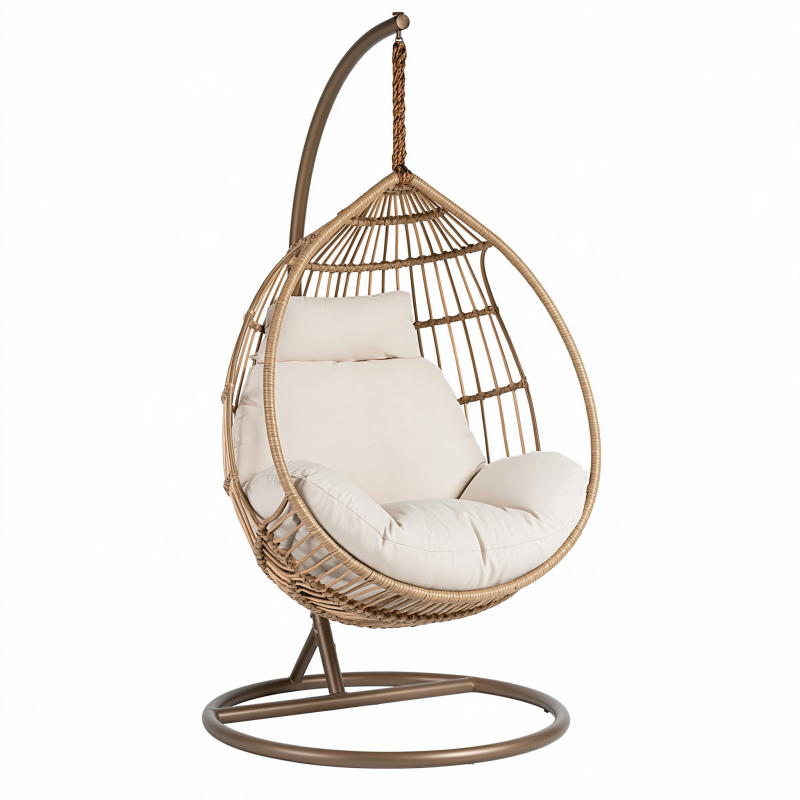Fauteuil suspendu 105 x 105 x 195 cm en rotin beige et métal brun pour intérieur avec support