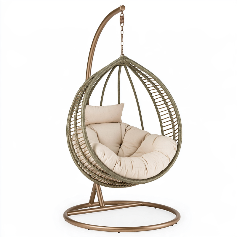 Fauteuil suspendu œuf 105 x 105 x 198 cm en métal tressé bronze vert kaki avec assise beige