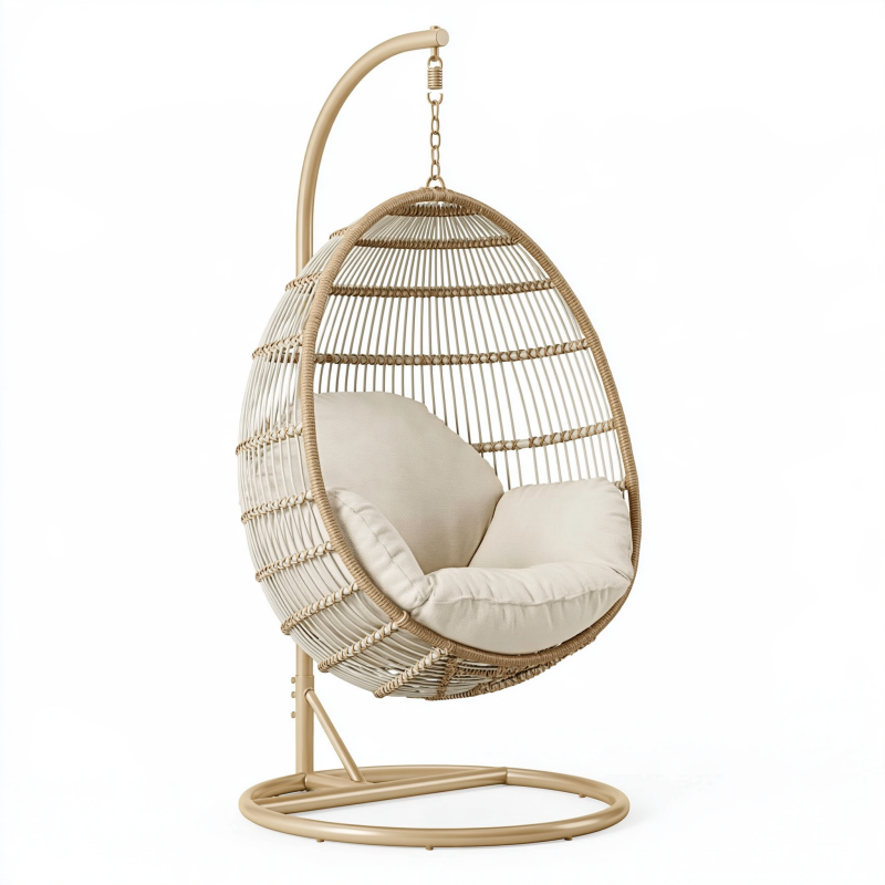 Fauteuil suspendu 105 x 105 x 195 cm en rotin synthétique beige avec support métallique style bohème