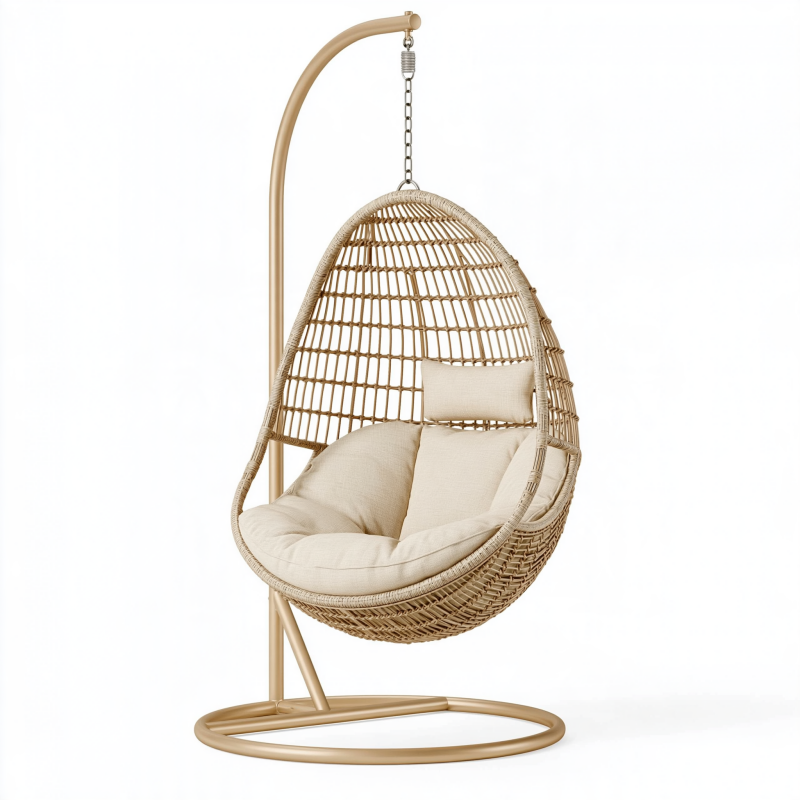 Fauteuil suspendu 105 x 105 x 195 cm en rotin beige avec support en métal style bohème