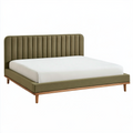 Lit double 160 x 200 cm en tissu vert olive avec tête de lit capitonnée et pieds en bois