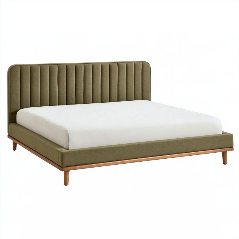 Lit double 160 x 200 cm en tissu vert olive avec tête de lit capitonnée et pieds en bois