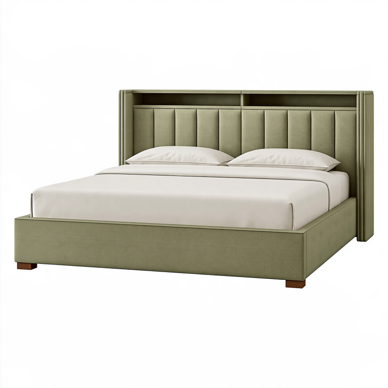 Lit 160 x 200 cm en tissu vert olive capitonné avec tête de lit à rangement contemporain