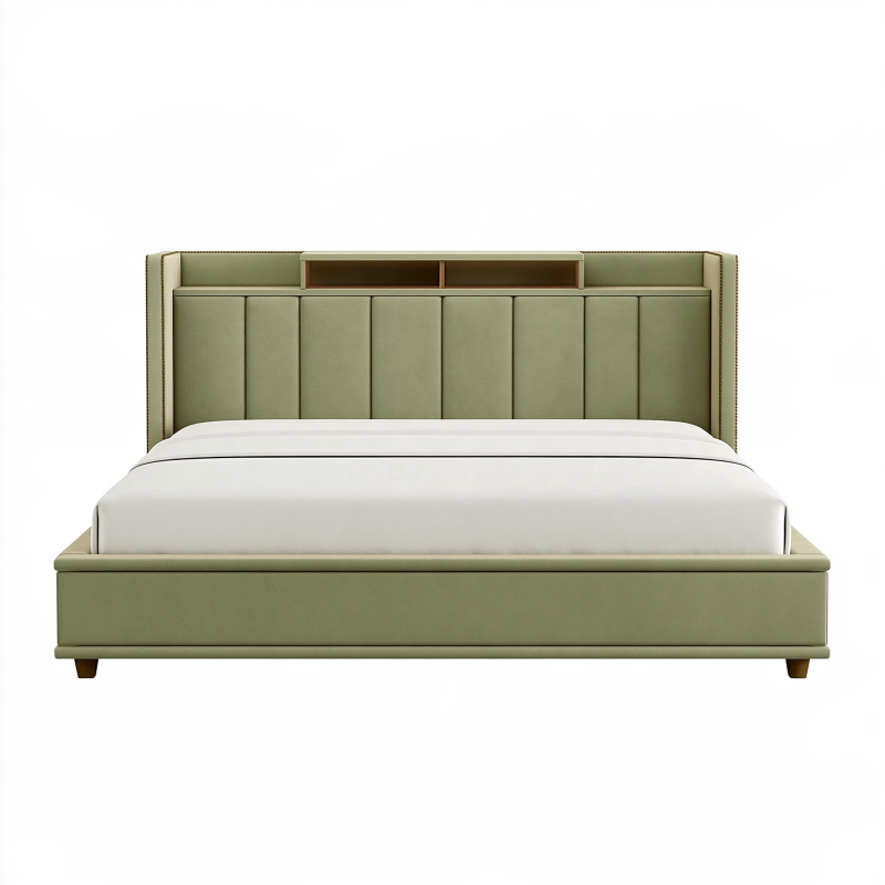 Lit double 180 x 200 cm vert olive rembourré avec tête de lit à rangement