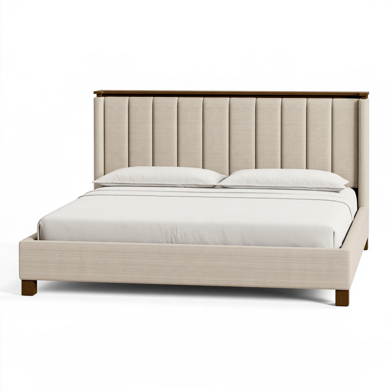 Lit double 160 x 200 cm en tissu beige avec tête de lit capitonnée et pieds en bois