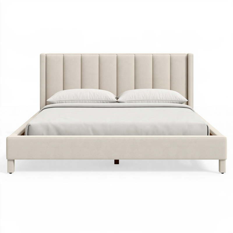 Lit double 160 x 200 cm en tissu beige avec tête de lit capitonnée