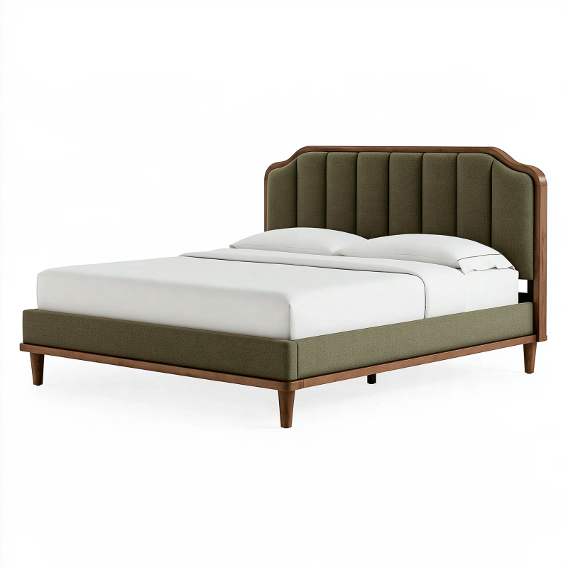 Lit double 160 x 200 cm en tissu vert et bois avec tête de lit capitonnée