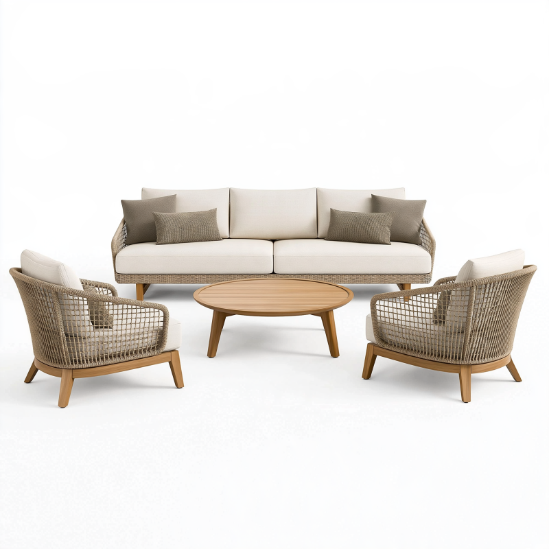 Salon de jardin 4 pièces 190 cm en bois et fibre tressée beige style contemporain pour terrasse