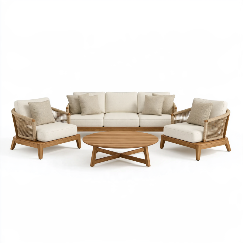 Salon de jardin 4 pièces 210 x 80 x 75 cm en bois brun et corde beige pour extérieur style naturel