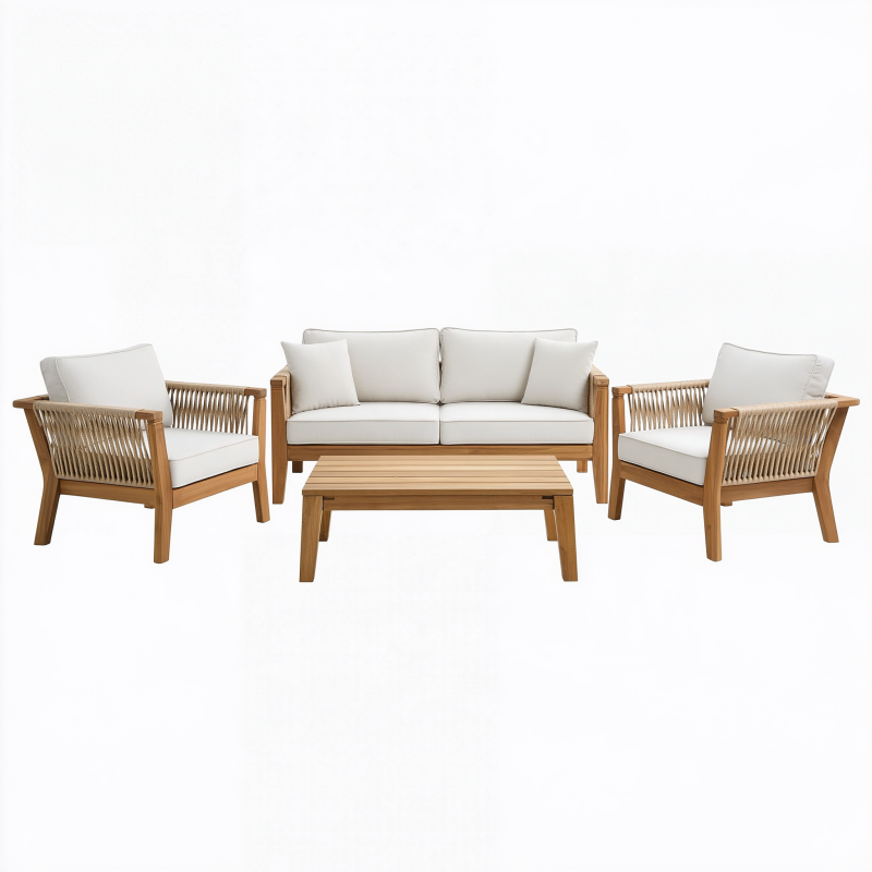 Ensemble salon de jardin 4 places en bois brun et cordage beige avec table basse style contemporain