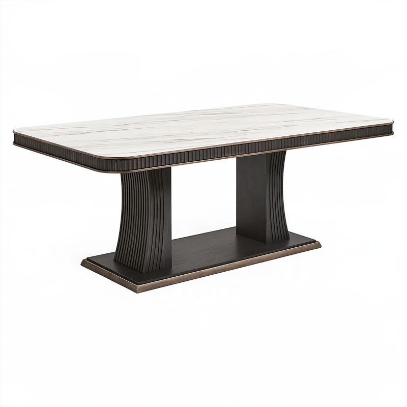 Table de salle à manger 200 x 100 x 75 cm effet marbre blanc et bois noir style contemporain