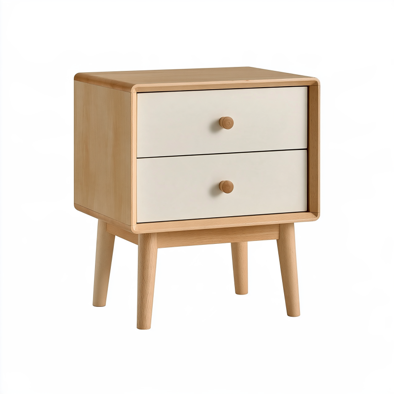 Table de chevet 45 x 35 x 60 cm en bois naturel blanc cassé à 2 tiroirs style scandinave
