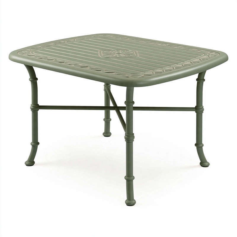 Table de jardin carrée 90 x 90 cm en métal vert avec plateau décoratif