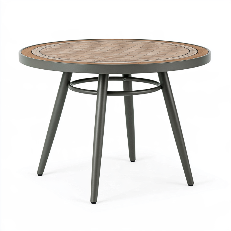 Table basse de jardin ronde diamètre 90 cm en métal et résine tressée marron gris style contemporain