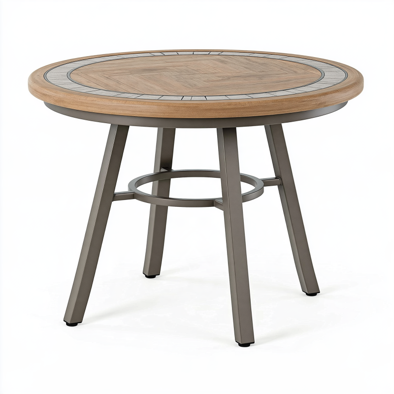 Table de jardin ronde diamètre 120 cm bois et métal marron gris style contemporain