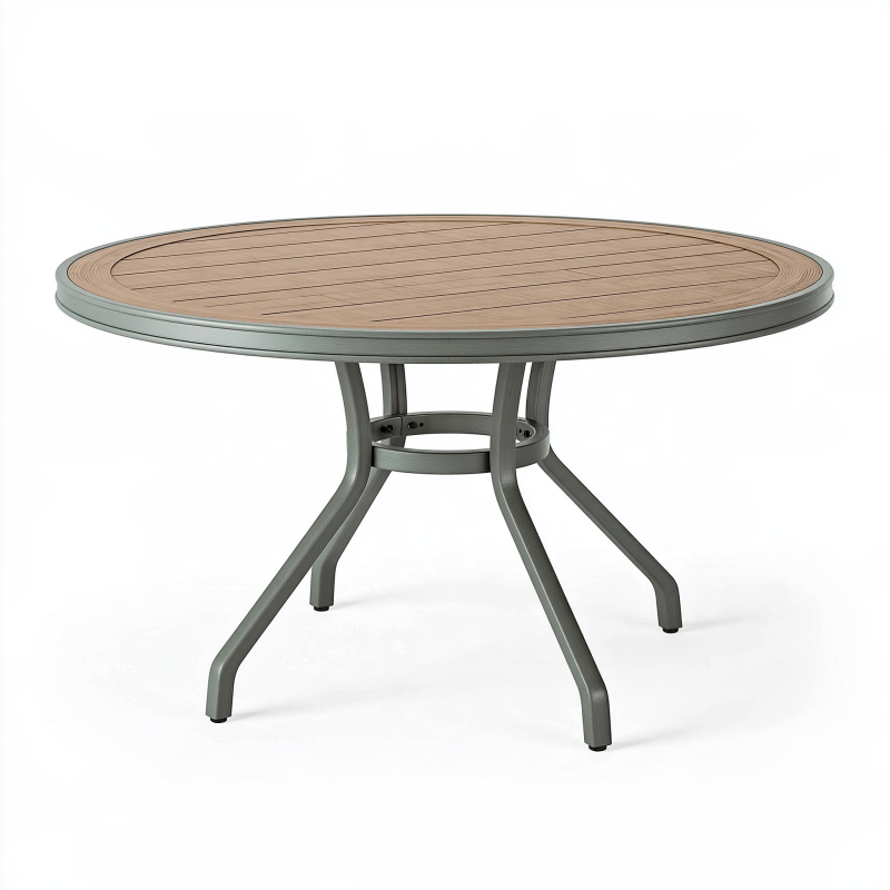 Table de jardin ronde 120 cm aluminium gris plateau effet bois 4 pieds