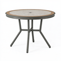 Table de jardin ronde 120 cm acier gris et plateau effet bois avec trou de parasol