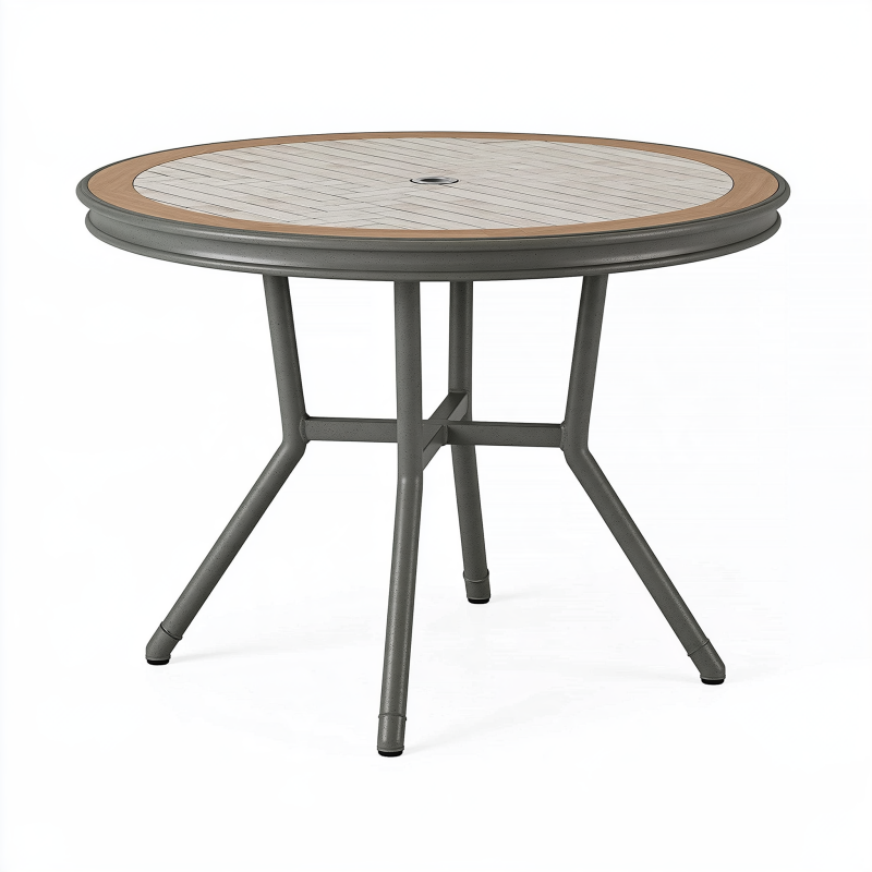 Table de jardin ronde 120 cm acier gris et plateau effet bois avec trou de parasol