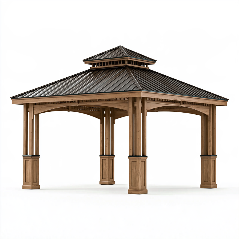 Tonnelle de jardin 400 x 400 x 330 cm en bois marron avec toiture métallique