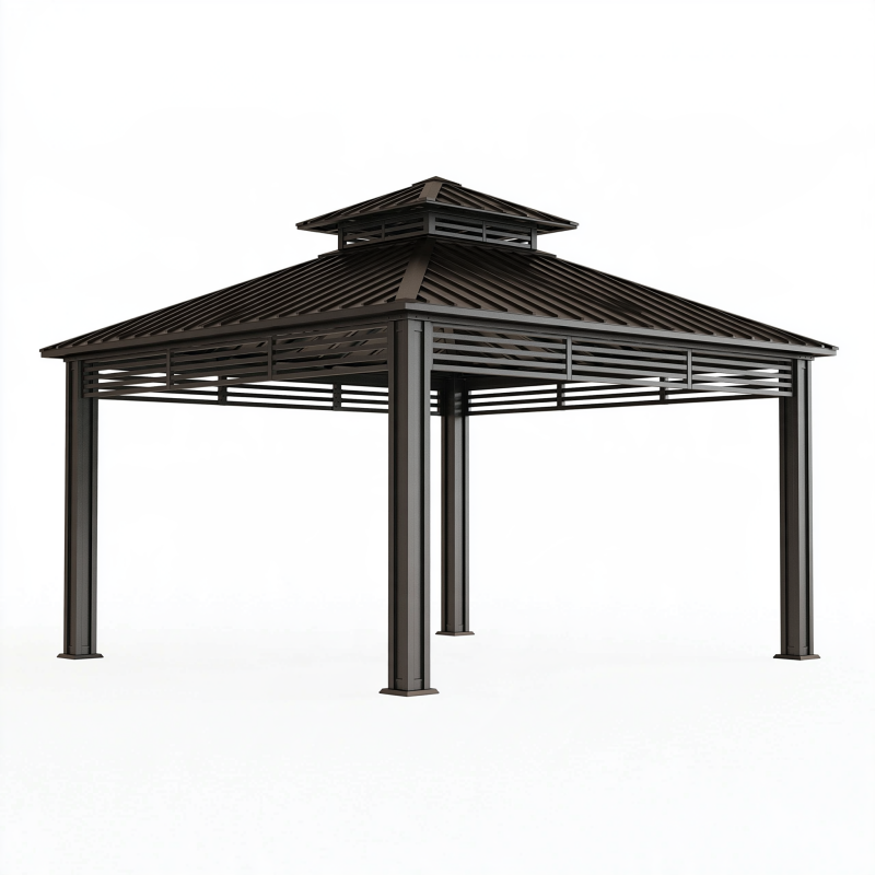 Tonnelle de jardin 300 x 300 cm en acier noir avec toit rigide ventilé
