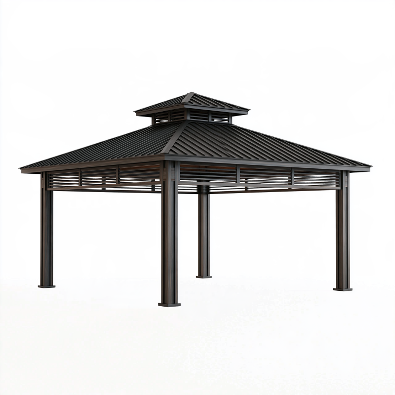 Tonnelle de jardin 400 x 300 cm en acier noir avec toit rigide ventilé