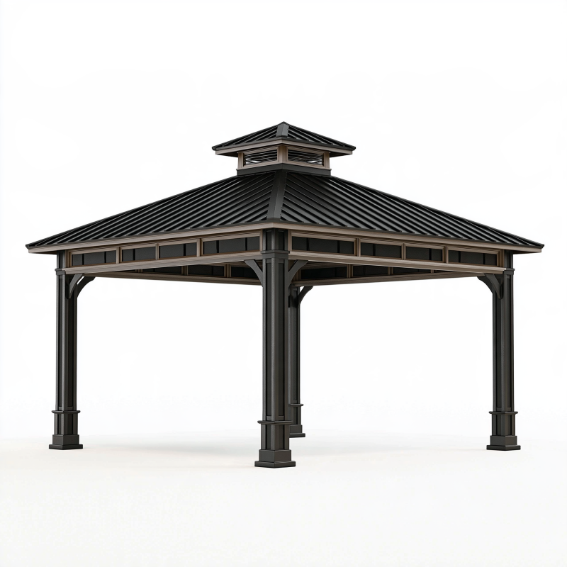 Tonnelle de jardin 300 x 300 x 300 cm en métal noir à toit rigide pour extérieur